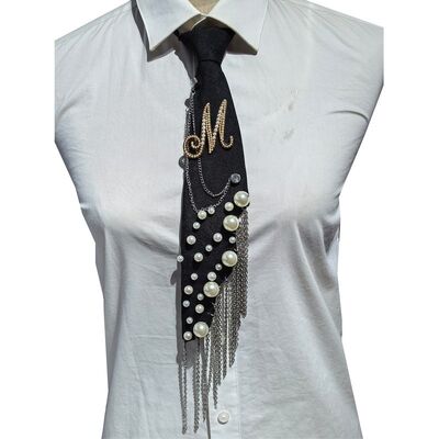 Wholesale Letter M Pearl Brooch Necktie Handmade Faux Pearl Alphabet Pin with Iron Chain Tassel Decorative Polyester Tie for Women (Black)