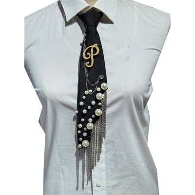 Wholesale Letter P Pearl Brooch Necktie Handmade Faux Pearl Alphabet Pin with Iron Chain Tassel Decorative Polyester Tie for Women (Black)