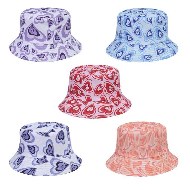 Summer Heart Print Double-Sided Sunscreen Fisherman Hat For Women