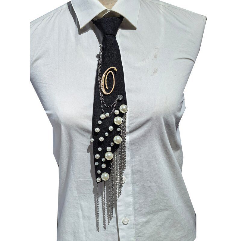 Wholesale Letter O Pearl Brooch Necktie Handmade Faux Pearl Alphabet Pin with Iron Chain Tassel Decorative Polyester Tie for Women (Black)