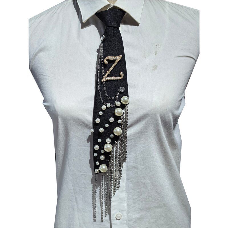 Wholesale Letter Z Pearl Brooch Necktie Handmade Faux Pearl Alphabet Pin with Iron Chain Tassel Decorative Polyester Tie for Women (Black)